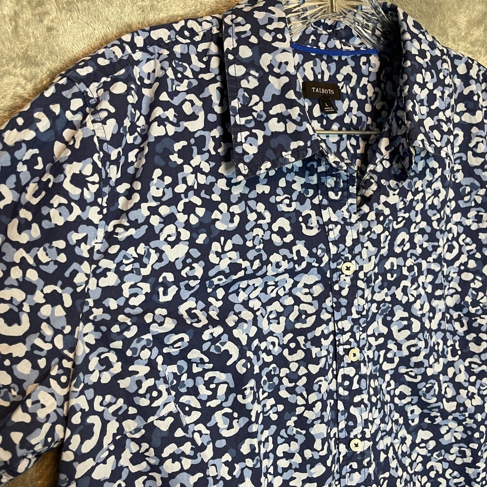 Talbots Womens Cotton Leopard Button Shirt L Abstract Modern Preppy Statement